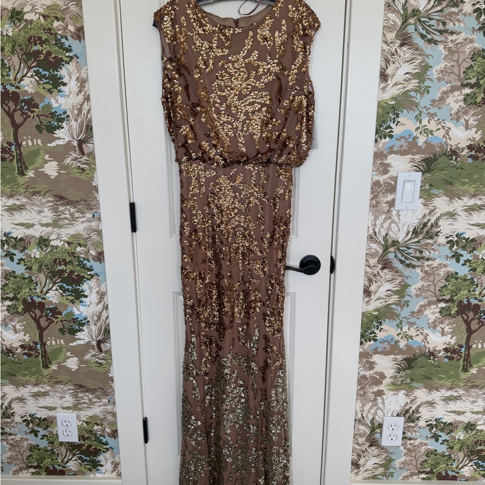 Xscape Sequined Gold and Brown Maxi Dress